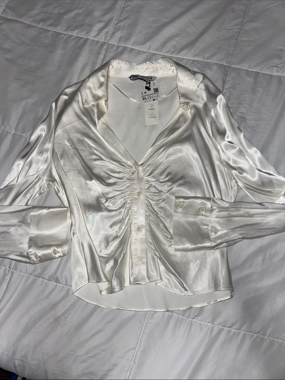 Zara Ivory Satin Ruched Button-Down Blouse